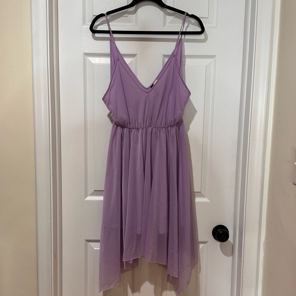 never worn Divided Lavender flowy handkerchief dress deep v low back sheer mesh